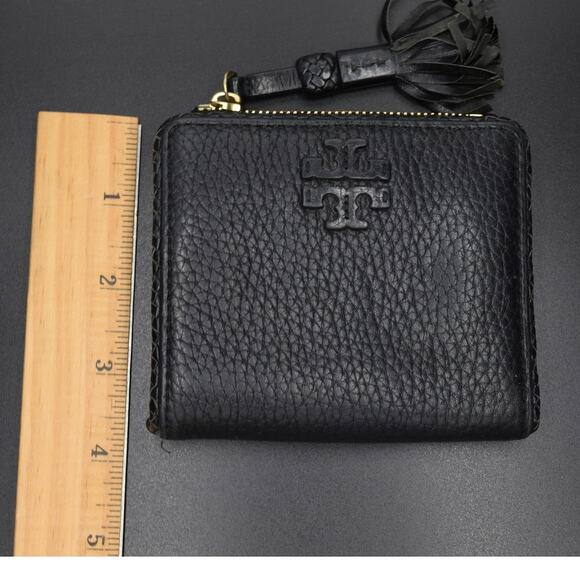Tory Burch Black Bifold Women's Wallet Tassel Pebbled Leather - Picture 6 of 10